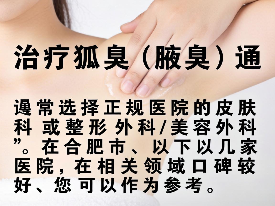 治疗狐臭(腋臭)通常选择正规医院的皮肤科或整形外科/美容外科。在合肥市,以下几家医院在相关领域口碑较好,您可以作为参考 治疗狐臭(腋臭)通常选择正规医院的皮肤科或整形外科/美容外科。在合肥市,以下几家医院在相关领域口碑较好,您可以作为参考