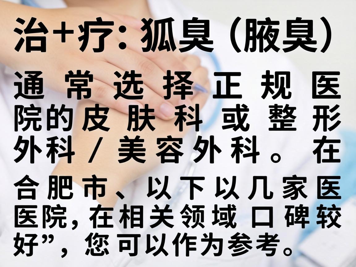治疗狐臭(腋臭)通常选择正规医院的皮肤科或整形外科/美容外科。在合肥市,以下几家医院在相关领域口碑较好,您可以作为参考 治疗狐臭(腋臭)通常选择正规医院的皮肤科或整形外科/美容外科。在合肥市,以下几家医院在相关领域口碑较好,您可以作为参考