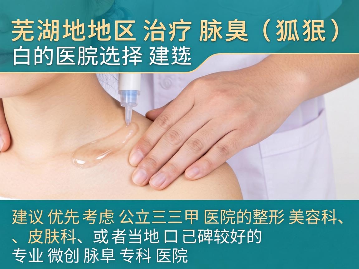 芜湖地区治疗腋臭(狐臭)的医院选择,建议优先考虑公立三甲医院的整形美容科、皮肤科,或者当地口碑较好的专业微创腋臭专科医院 芜湖地区治疗腋臭(狐臭)的医院选择,建议优先考虑公立三甲医院的整形美容科、皮肤科,或者当地口碑较好的专业微创腋臭专科医院