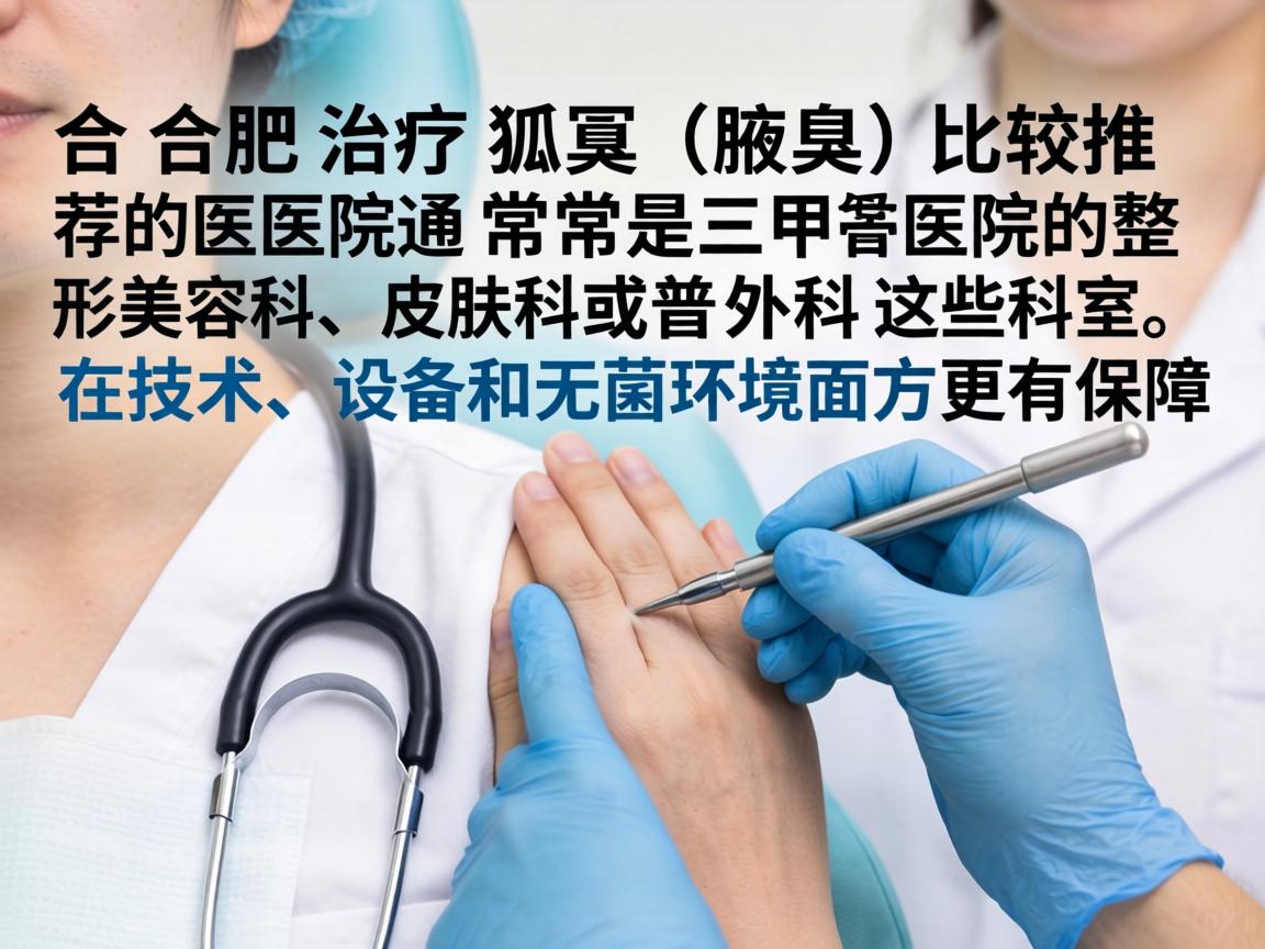 在合肥,治疗狐臭(腋臭)比较推荐的医院通常是三甲医院的整形美容科、皮肤科或普外科。这些科室在技术、设备和无菌环境方面更有保障 在合肥,治疗狐臭(腋臭)比较推荐的医院通常是三甲医院的整形美容科、皮肤科或普外科。这些科室在技术、设备和无菌环境方面更有保障