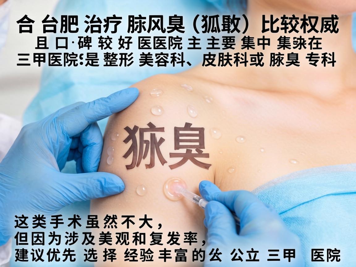 在合肥,治疗腋臭(狐臭)比较权威且口碑较好的医院主要集中在三甲医院的整形美容科、皮肤科或腋臭专科。这类手术虽然不大,但因为涉及美观和复发率,建议优先选择经验丰富的公立三甲医院 在合肥,治疗腋臭(狐臭)比较权威且口碑较好的医院主要集中在三甲医院的整形美容科、皮肤科或腋臭专科。这类手术虽然不大,但因为涉及美观和复发率,建议优先选择经验丰富的公立三甲医院