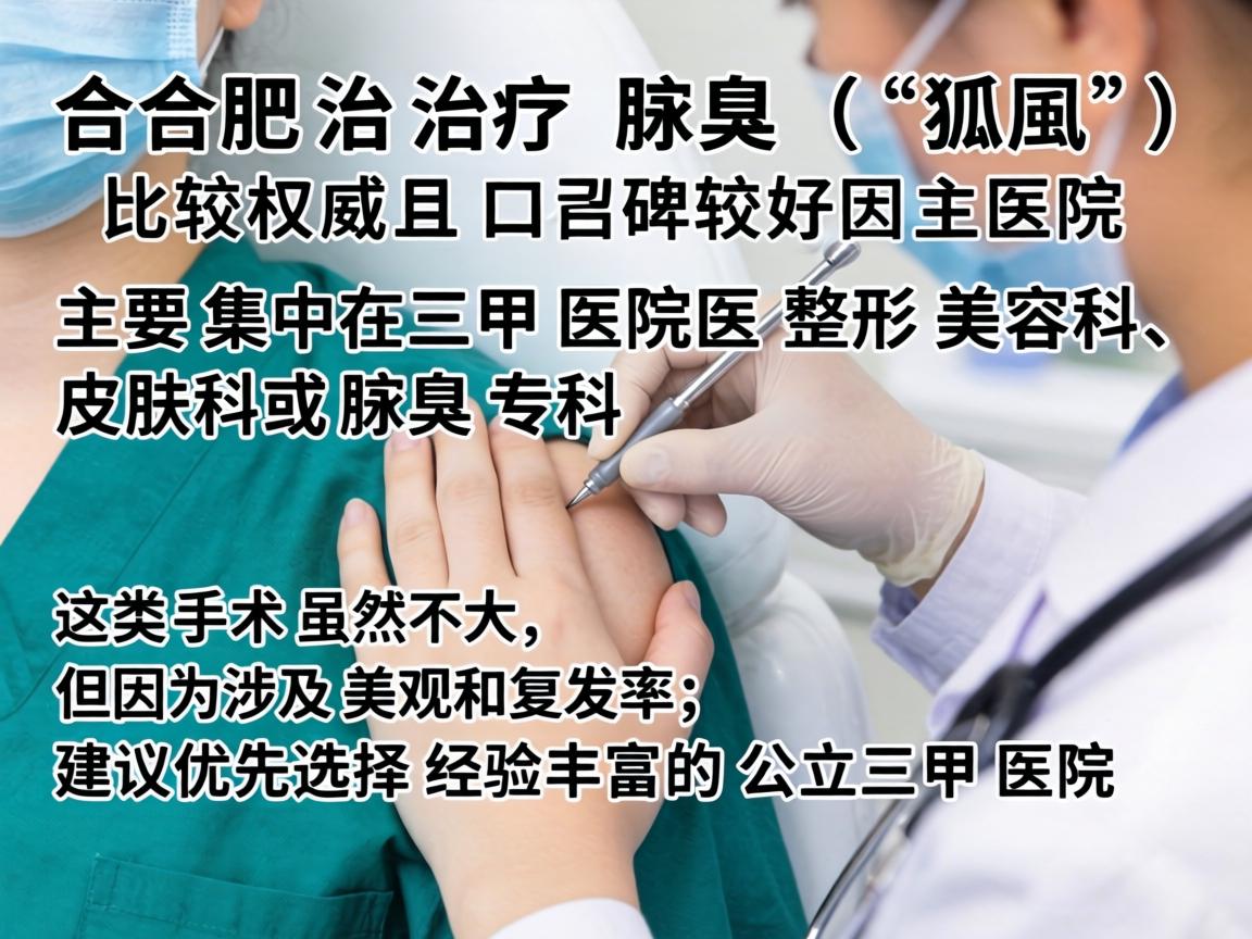 在合肥,治疗腋臭(狐臭)比较权威且口碑较好的医院主要集中在三甲医院的整形美容科、皮肤科或腋臭专科。这类手术虽然不大,但因为涉及美观和复发率,建议优先选择经验丰富的公立三甲医院 在合肥,治疗腋臭(狐臭)比较权威且口碑较好的医院主要集中在三甲医院的整形美容科、皮肤科或腋臭专科。这类手术虽然不大,但因为涉及美观和复发率,建议优先选择经验丰富的公立三甲医院