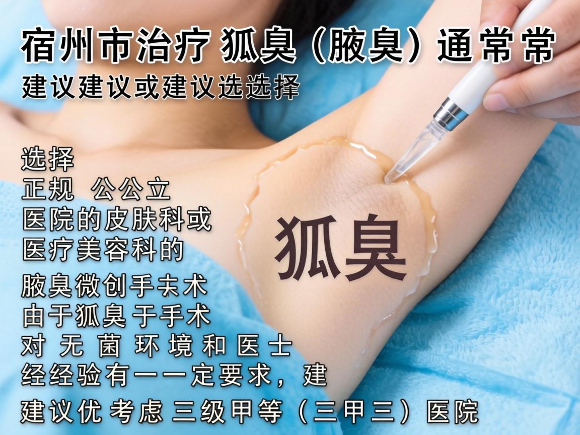 在宿州,治疗狐臭(腋臭)通常建议选择正规公立医院的皮肤科或医疗美容科的腋臭微创手术。由于狐臭手术对无菌环境和医生经验有一定要求,建议优先考虑三级甲等(三甲)医院 在宿州,治疗狐臭(腋臭)通常建议选择正规公立医院的皮肤科或医疗美容科的腋臭微创手术。由于狐臭手术对无菌环境和医生经验有一定要求,建议优先考虑三级甲等(三甲)医院