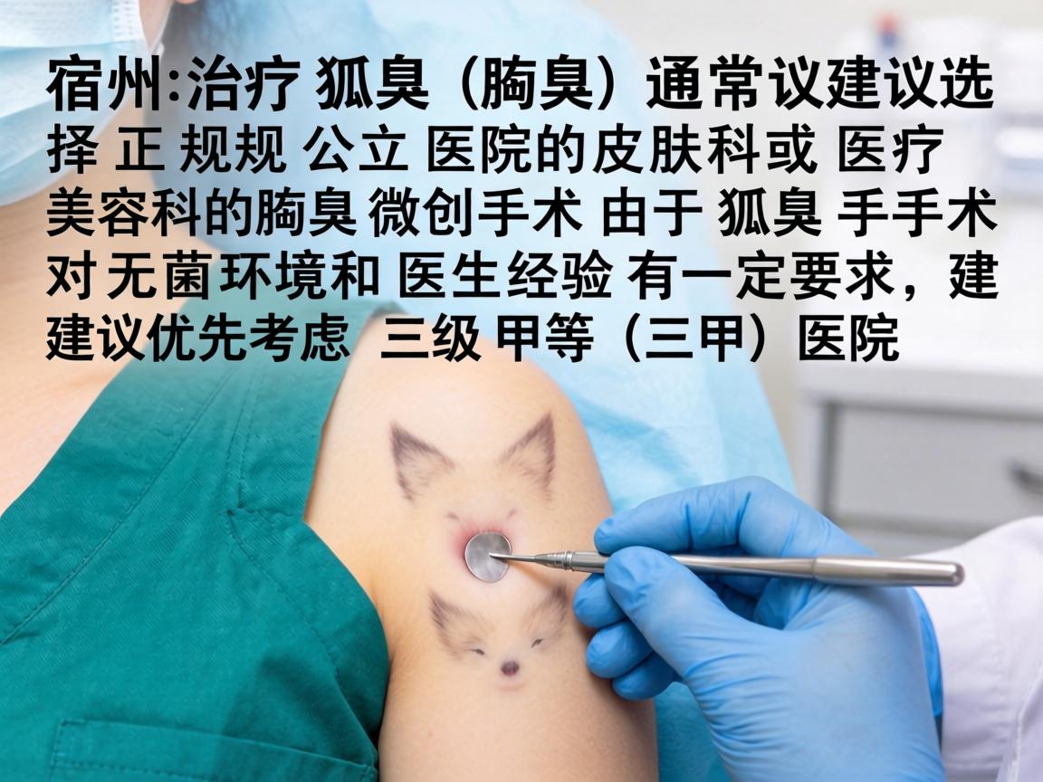 在宿州,治疗狐臭(腋臭)通常建议选择正规公立医院的皮肤科或医疗美容科的腋臭微创手术。由于狐臭手术对无菌环境和医生经验有一定要求,建议优先考虑三级甲等(三甲)医院 在宿州,治疗狐臭(腋臭)通常建议选择正规公立医院的皮肤科或医疗美容科的腋臭微创手术。由于狐臭手术对无菌环境和医生经验有一定要求,建议优先考虑三级甲等(三甲)医院