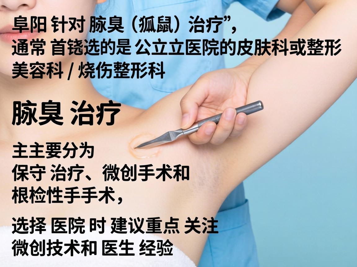 在阜阳,针对腋臭(狐臭)的治疗,通常首选的是公立医院的皮肤科或整形美容科/烧伤整形科。腋臭治疗主要分为保守治疗、微创手术和根治性手术,选择医院时建议重点关注微创技术和医生经验 在阜阳,针对腋臭(狐臭)的治疗,通常首选的是公立医院的皮肤科或整形美容科/烧伤整形科。腋臭治疗主要分为保守治疗、微创手术和根治性手术,选择医院时建议重点关注微创技术和医生经验