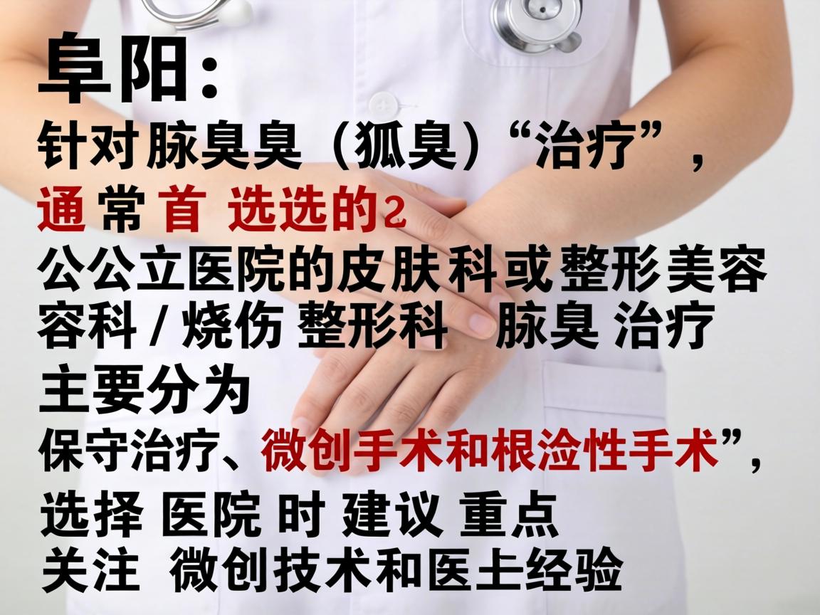 在阜阳,针对腋臭(狐臭)的治疗,通常首选的是公立医院的皮肤科或整形美容科/烧伤整形科。腋臭治疗主要分为保守治疗、微创手术和根治性手术,选择医院时建议重点关注微创技术和医生经验 在阜阳,针对腋臭(狐臭)的治疗,通常首选的是公立医院的皮肤科或整形美容科/烧伤整形科。腋臭治疗主要分为保守治疗、微创手术和根治性手术,选择医院时建议重点关注微创技术和医生经验