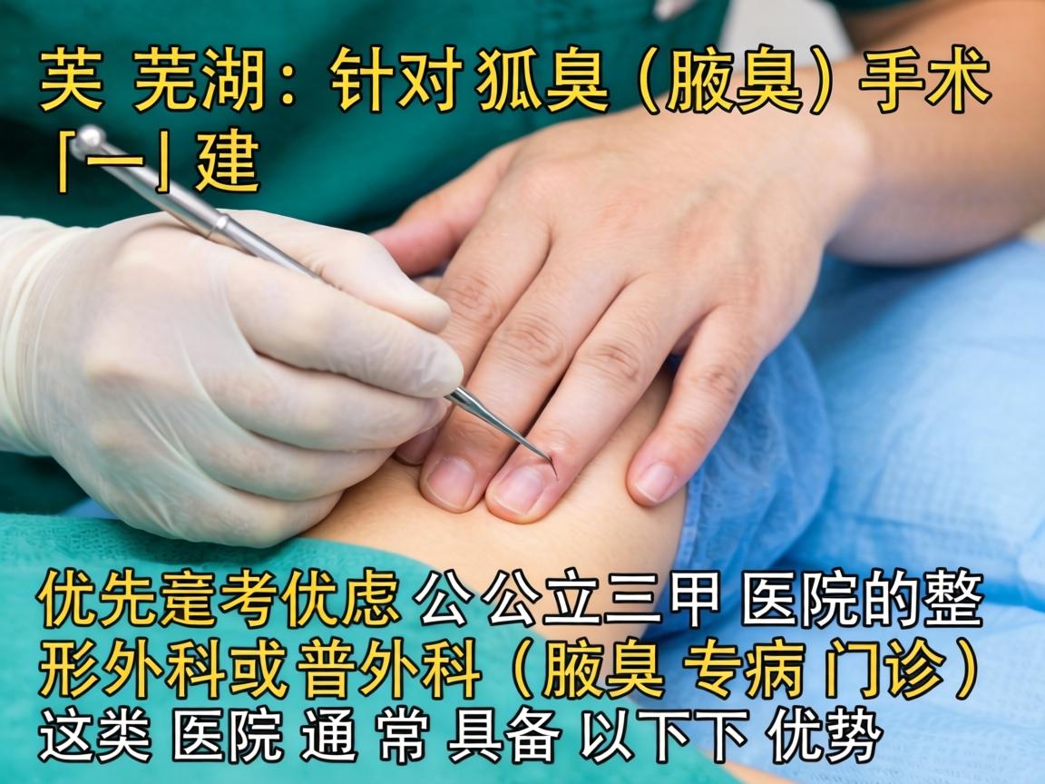 在芜湖,针对狐臭(腋臭)手术,建议优先考虑公立三甲医院的整形外科或普外科(腋臭专病门诊)这类医院通常具备以下优势 在芜湖,针对狐臭(腋臭)手术,建议优先考虑公立三甲医院的整形外科或普外科(腋臭专病门诊)这类医院通常具备以下优势
