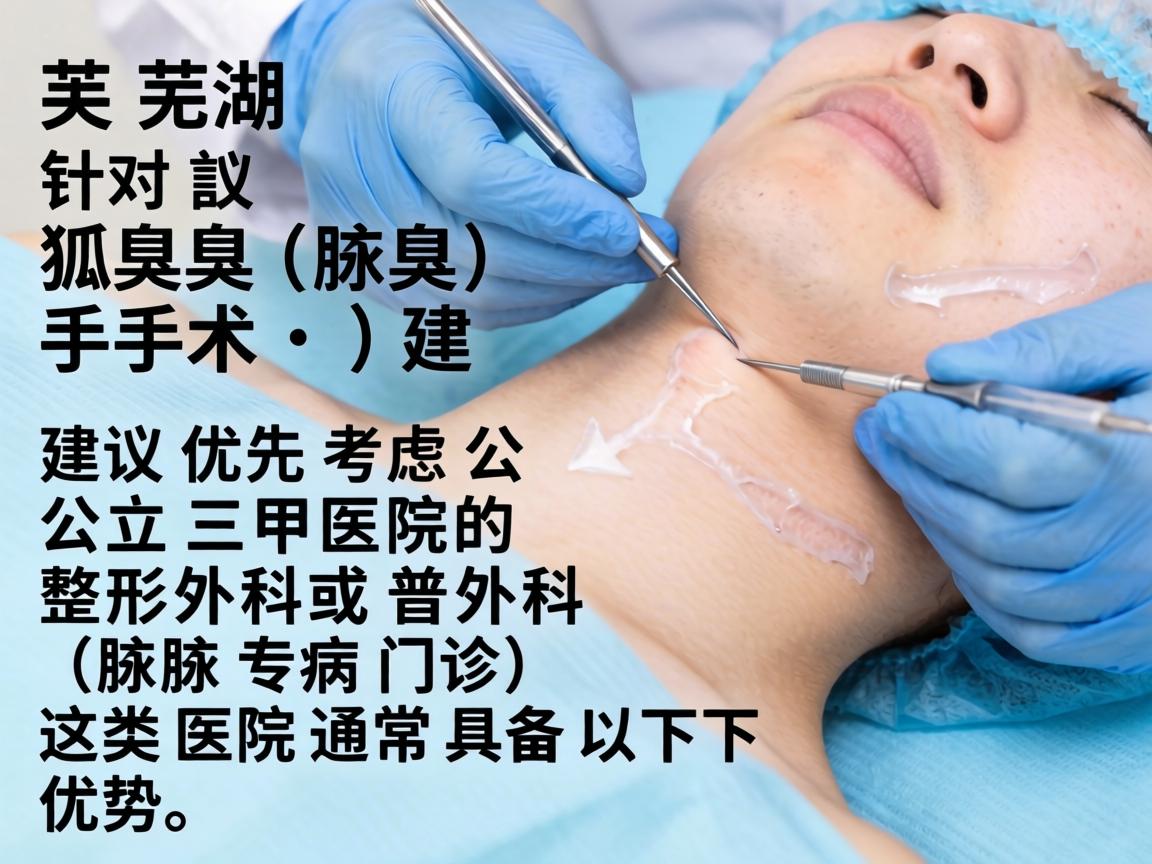 在芜湖,针对狐臭(腋臭)手术,建议优先考虑公立三甲医院的整形外科或普外科(腋臭专病门诊)这类医院通常具备以下优势 在芜湖,针对狐臭(腋臭)手术,建议优先考虑公立三甲医院的整形外科或普外科(腋臭专病门诊)这类医院通常具备以下优势