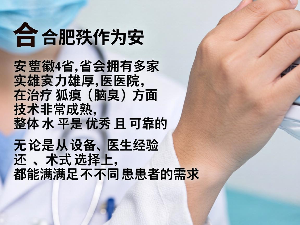 合肥作为安徽省的省会,拥有多家实力雄厚的医院,在治疗狐臭(腋臭)方面技术非常成熟,整体水平是优秀且可靠的。无论是从设备、医生经验还是术式选择上,都能满足不同患者的需求 合肥作为安徽省的省会,拥有多家实力雄厚的医院,在治疗狐臭(腋臭)方面技术非常成熟,整体水平是优秀且可靠的。无论是从设备、医生经验还是术式选择上,都能满足不同患者的需求