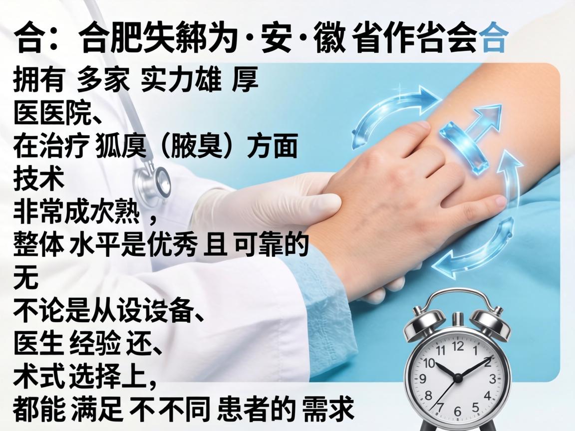 合肥作为安徽省的省会,拥有多家实力雄厚的医院,在治疗狐臭(腋臭)方面技术非常成熟,整体水平是优秀且可靠的。无论是从设备、医生经验还是术式选择上,都能满足不同患者的需求 合肥作为安徽省的省会,拥有多家实力雄厚的医院,在治疗狐臭(腋臭)方面技术非常成熟,整体水平是优秀且可靠的。无论是从设备、医生经验还是术式选择上,都能满足不同患者的需求