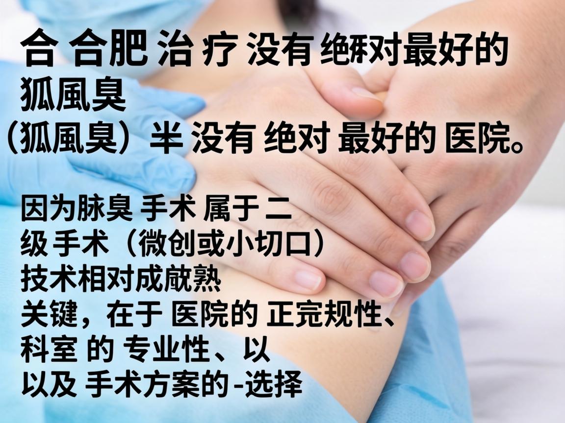 在合肥,治疗腋臭(狐臭)并没有绝对最好的医院,因为腋臭手术属于二级手术(微创或小切口)技术相对成熟。关键在于医院的正规性、科室的专业性以及手术方案的选择 在合肥,治疗腋臭(狐臭)并没有绝对最好的医院,因为腋臭手术属于二级手术(微创或小切口)技术相对成熟。关键在于医院的正规性、科室的专业性以及手术方案的选择