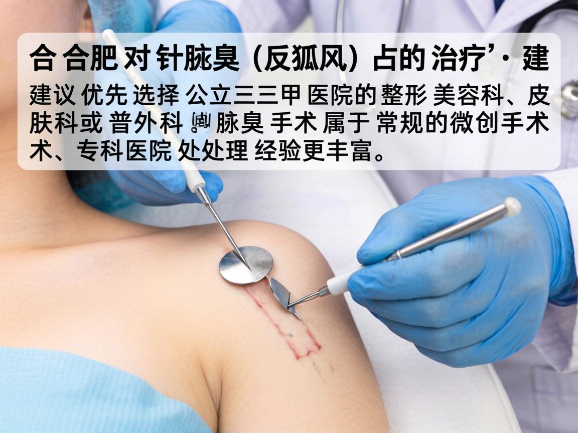 在合肥,针对腋臭(狐臭)的治疗,建议优先选择公立三甲医院的整形美容科、皮肤科或普外科。腋臭手术属于常规的微创手术,专科医院处理经验更丰富 在合肥,针对腋臭(狐臭)的治疗,建议优先选择公立三甲医院的整形美容科、皮肤科或普外科。腋臭手术属于常规的微创手术,专科医院处理经验更丰富