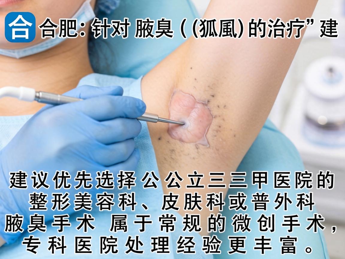 在合肥,针对腋臭(狐臭)的治疗,建议优先选择公立三甲医院的整形美容科、皮肤科或普外科。腋臭手术属于常规的微创手术,专科医院处理经验更丰富 在合肥,针对腋臭(狐臭)的治疗,建议优先选择公立三甲医院的整形美容科、皮肤科或普外科。腋臭手术属于常规的微创手术,专科医院处理经验更丰富