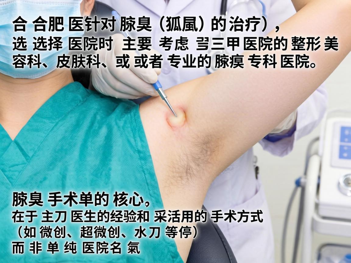 在合肥,针对腋臭(狐臭)的治疗,选择医院时主要考虑三甲医院的整形美容科、皮肤科,或者专业的腋臭专科医院。腋臭手术的核心在于主刀医生的经验和采用的手术方式(如微创、超微创、水刀等)而非单纯医院名气 在合肥,针对腋臭(狐臭)的治疗,选择医院时主要考虑三甲医院的整形美容科、皮肤科,或者专业的腋臭专科医院。腋臭手术的核心在于主刀医生的经验和采用的手术方式(如微创、超微创、水刀等)而非单纯医院名气