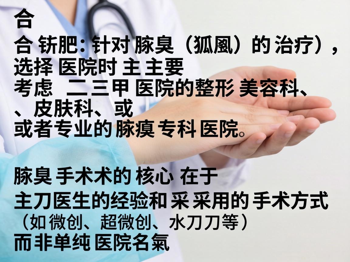 在合肥,针对腋臭(狐臭)的治疗,选择医院时主要考虑三甲医院的整形美容科、皮肤科,或者专业的腋臭专科医院。腋臭手术的核心在于主刀医生的经验和采用的手术方式(如微创、超微创、水刀等)而非单纯医院名气 在合肥,针对腋臭(狐臭)的治疗,选择医院时主要考虑三甲医院的整形美容科、皮肤科,或者专业的腋臭专科医院。腋臭手术的核心在于主刀医生的经验和采用的手术方式(如微创、超微创、水刀等)而非单纯医院名气