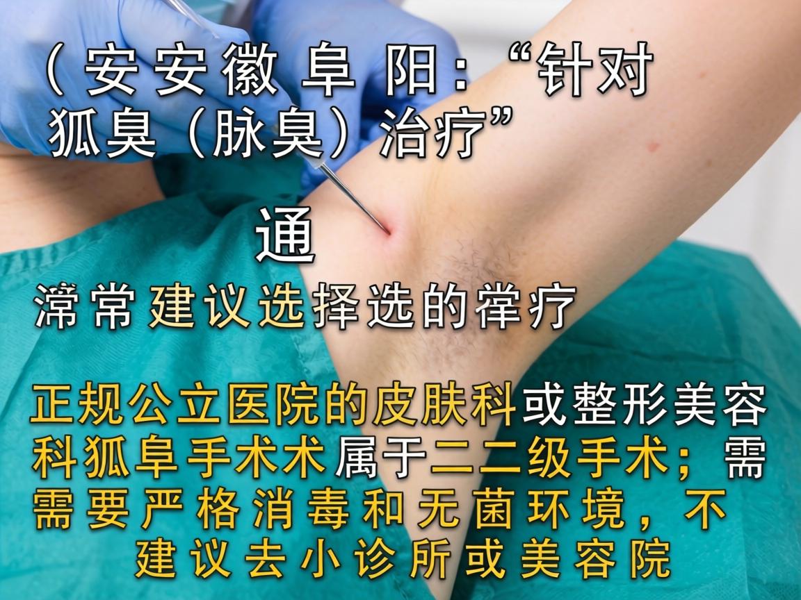 在安徽阜阳,针对狐臭(腋臭)的治疗,通常建议选择正规公立医院的皮肤科或整形美容科。狐臭手术属于二级手术,需要严格消毒和无菌环境,不建议去小诊所或美容院 在安徽阜阳,针对狐臭(腋臭)的治疗,通常建议选择正规公立医院的皮肤科或整形美容科。狐臭手术属于二级手术,需要严格消毒和无菌环境,不建议去小诊所或美容院