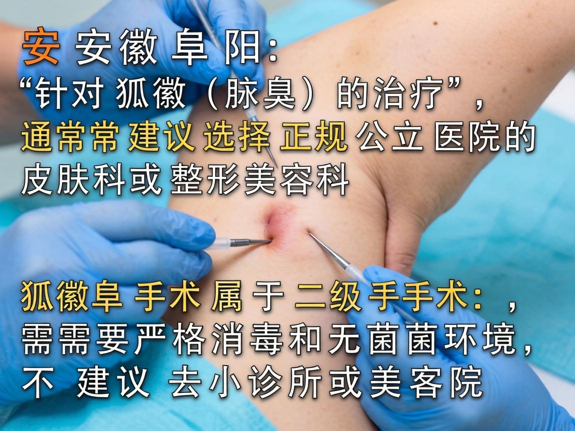 在安徽阜阳,针对狐臭(腋臭)的治疗,通常建议选择正规公立医院的皮肤科或整形美容科。狐臭手术属于二级手术,需要严格消毒和无菌环境,不建议去小诊所或美容院 在安徽阜阳,针对狐臭(腋臭)的治疗,通常建议选择正规公立医院的皮肤科或整形美容科。狐臭手术属于二级手术,需要严格消毒和无菌环境,不建议去小诊所或美容院