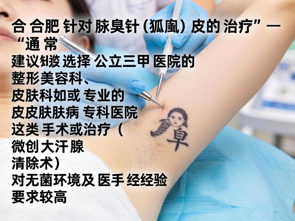 在合肥,针对腋臭(狐臭)的治疗,通常建议选择公立三甲医院的整形美容科、皮肤科或专业的皮肤病专科医院。这类手术或治疗(如微创大汗腺清除术)对无菌环境及医生经验要求较高 在合肥,针对腋臭(狐臭)的治疗,通常建议选择公立三甲医院的整形美容科、皮肤科或专业的皮肤病专科医院。这类手术或治疗(如微创大汗腺清除术)对无菌环境及医生经验要求较高