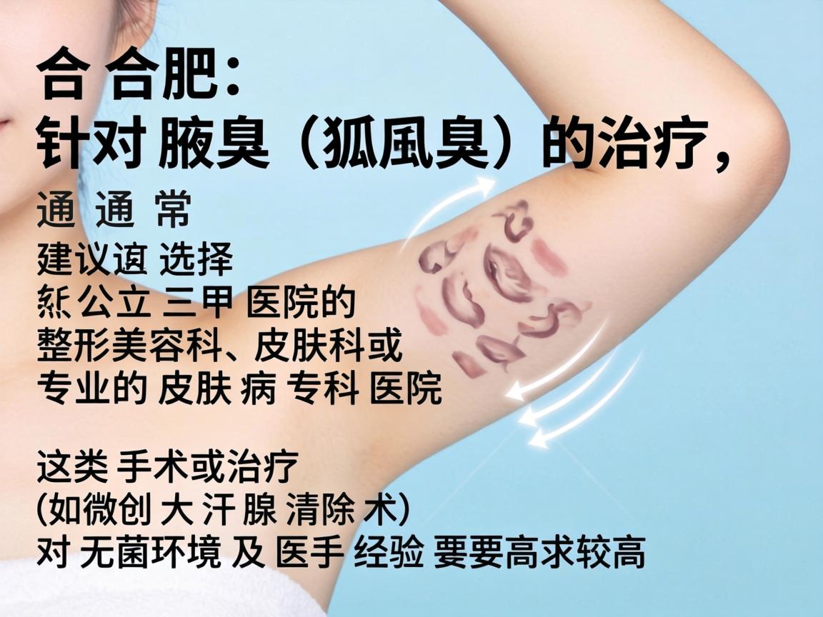 在合肥,针对腋臭(狐臭)的治疗,通常建议选择公立三甲医院的整形美容科、皮肤科或专业的皮肤病专科医院。这类手术或治疗(如微创大汗腺清除术)对无菌环境及医生经验要求较高 在合肥,针对腋臭(狐臭)的治疗,通常建议选择公立三甲医院的整形美容科、皮肤科或专业的皮肤病专科医院。这类手术或治疗(如微创大汗腺清除术)对无菌环境及医生经验要求较高