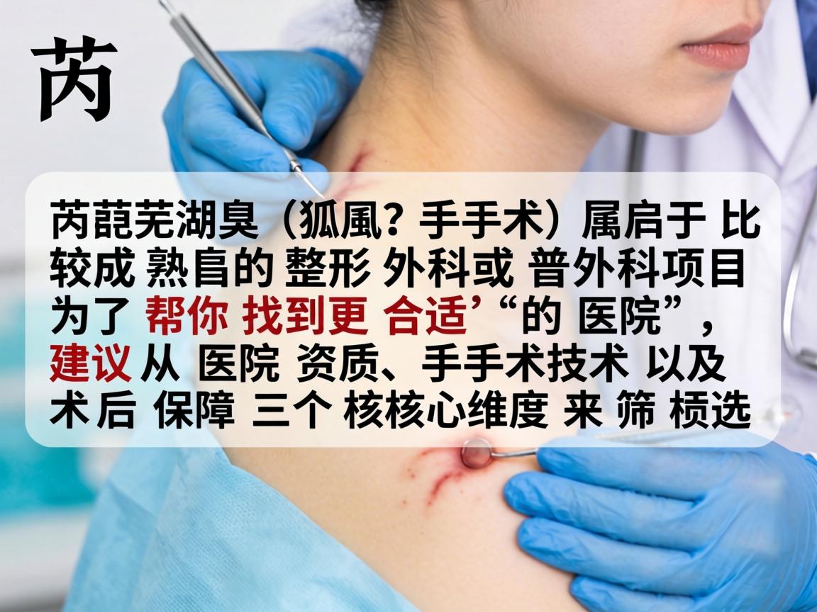 在芜湖，腋臭（狐臭）手术属于比较成熟的整形外科或普外科项目。为了帮你找到更合适的医院，建议从医院资质、手术技术以及术后保障三个核心维度来筛选