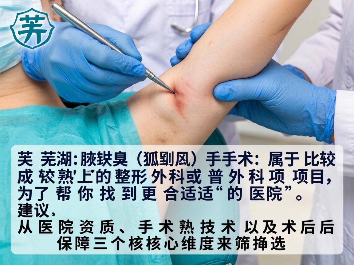 在芜湖，腋臭（狐臭）手术属于比较成熟的整形外科或普外科项目。为了帮你找到更合适的医院，建议从医院资质、手术技术以及术后保障三个核心维度来筛选