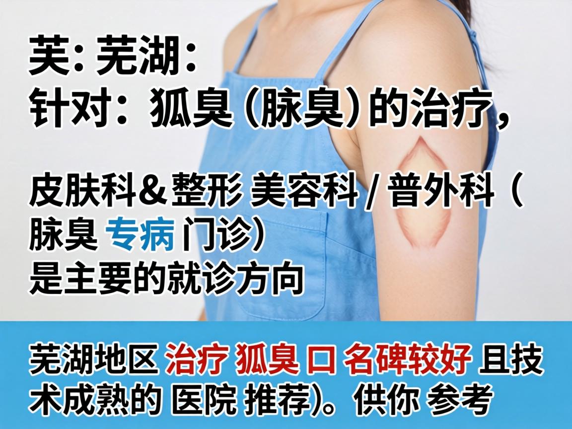 在芜湖,针对狐臭(腋臭)的治疗,皮肤科和整形美容科/普外科(腋臭专病门诊)是主要的就诊方向。以下是芜湖地区治疗狐臭口碑较好且技术成熟的医院推荐,供你参考 在芜湖,针对狐臭(腋臭)的治疗,皮肤科和整形美容科/普外科(腋臭专病门诊)是主要的就诊方向。以下是芜湖地区治疗狐臭口碑较好且技术成熟的医院推荐,供你参考