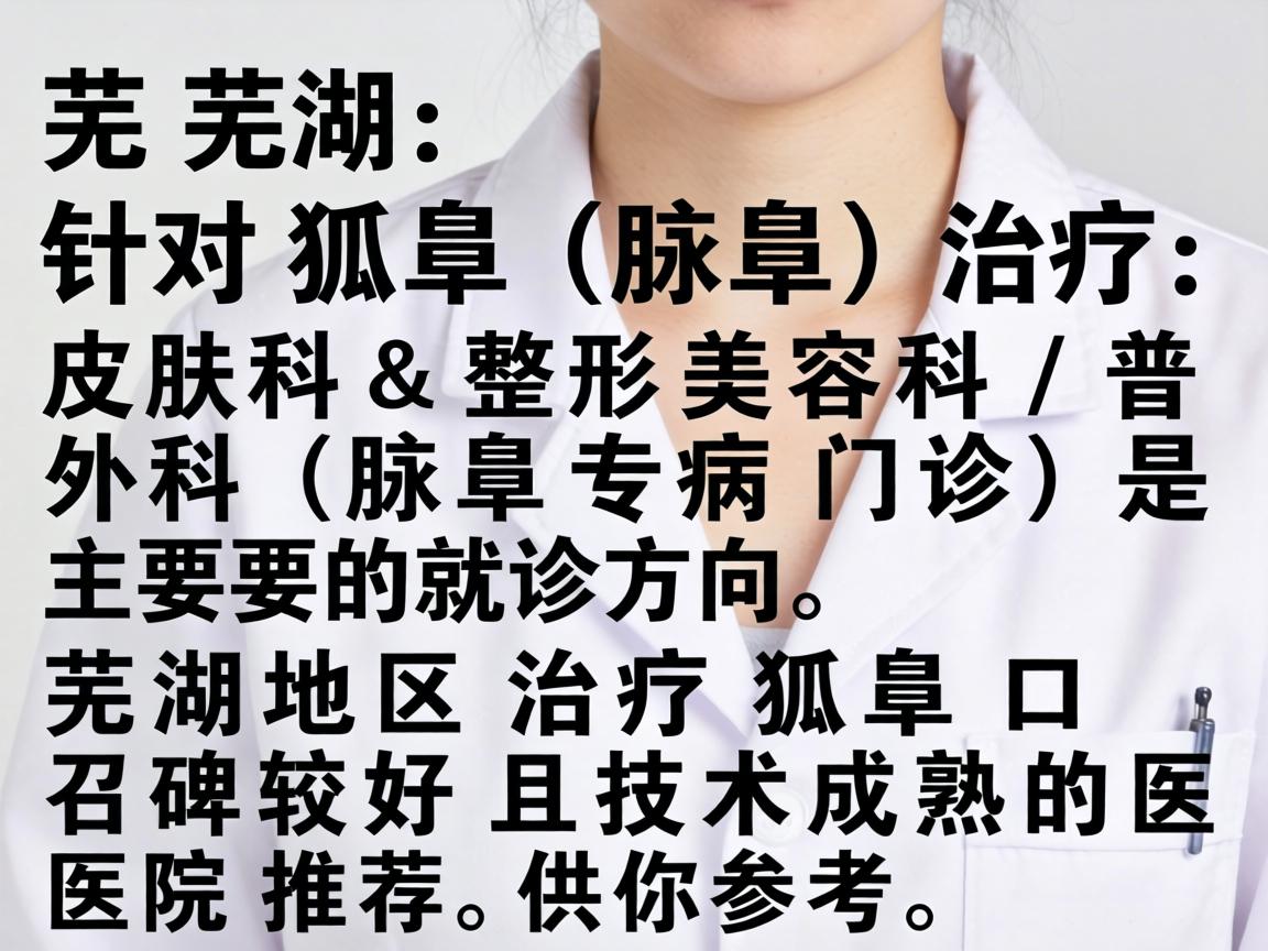 在芜湖,针对狐臭(腋臭)的治疗,皮肤科和整形美容科/普外科(腋臭专病门诊)是主要的就诊方向。以下是芜湖地区治疗狐臭口碑较好且技术成熟的医院推荐,供你参考 在芜湖,针对狐臭(腋臭)的治疗,皮肤科和整形美容科/普外科(腋臭专病门诊)是主要的就诊方向。以下是芜湖地区治疗狐臭口碑较好且技术成熟的医院推荐,供你参考