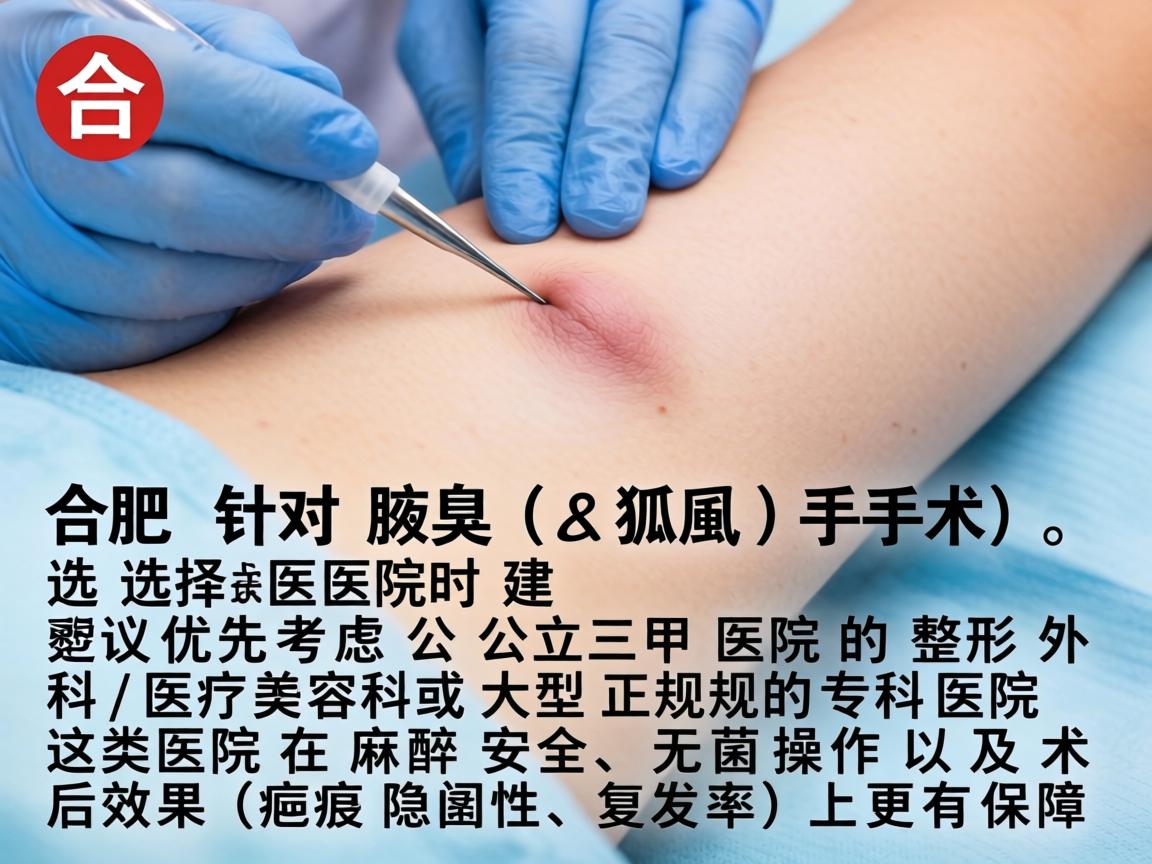 在合肥,针对腋臭(狐臭)手术,选择医院时建议优先考虑公立三甲医院的整形外科/医疗美容科或大型正规的专科医院。这类医院在麻醉安全、无菌操作以及术后效果(疤痕隐蔽性、复发率)上更有保障 在合肥,针对腋臭(狐臭)手术,选择医院时建议优先考虑公立三甲医院的整形外科/医疗美容科或大型正规的专科医院。这类医院在麻醉安全、无菌操作以及术后效果(疤痕隐蔽性、复发率)上更有保障