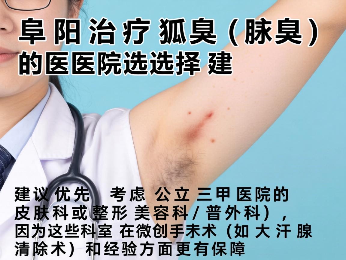 阜阳治疗狐臭（腋臭）的医院选择，建议优先考虑公立三甲医院的皮肤科或整形美容科/普外科，因为这些科室在微创手术（如大汗腺清除术）和经验方面更有保障