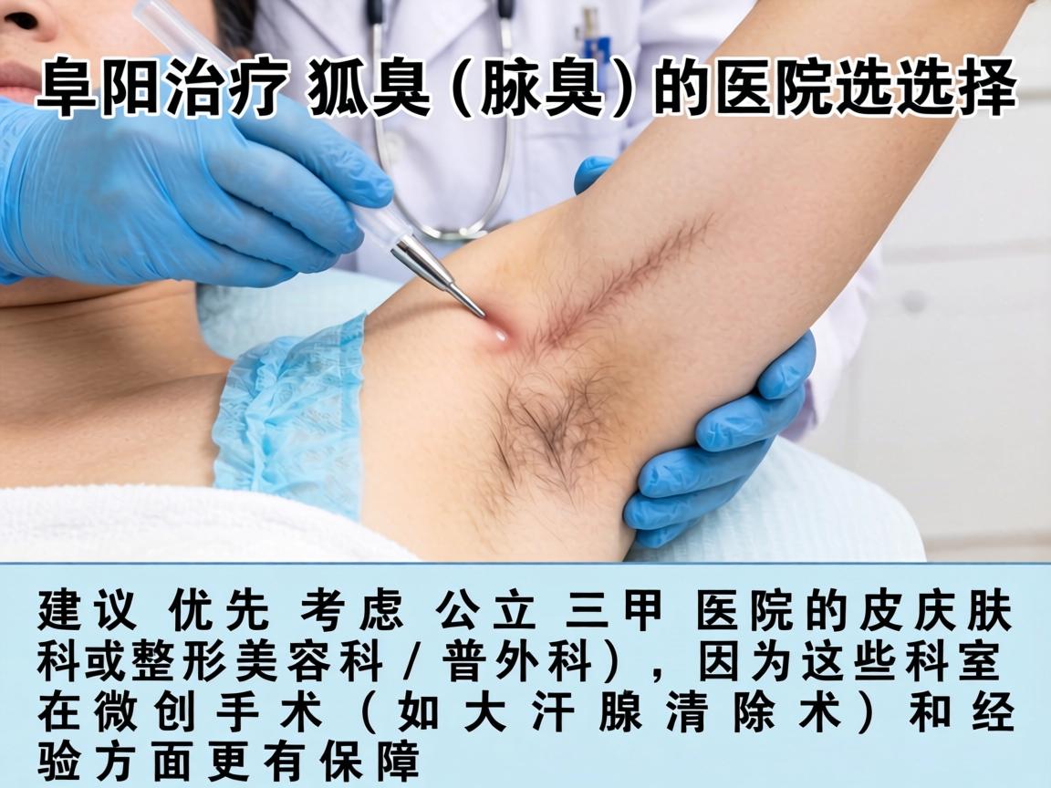 阜阳治疗狐臭（腋臭）的医院选择，建议优先考虑公立三甲医院的皮肤科或整形美容科/普外科，因为这些科室在微创手术（如大汗腺清除术）和经验方面更有保障