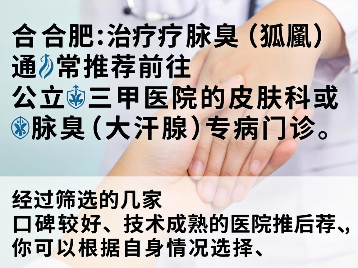 在合肥,治疗腋臭(狐臭)通常推荐前往公立三甲医院的皮肤科或腋臭(大汗腺)专病门诊。以下是经过筛选的几家口碑较好、技术成熟的医院推荐,你可以根据自身情况选择 在合肥,治疗腋臭(狐臭)通常推荐前往公立三甲医院的皮肤科或腋臭(大汗腺)专病门诊。以下是经过筛选的几家口碑较好、技术成熟的医院推荐,你可以根据自身情况选择