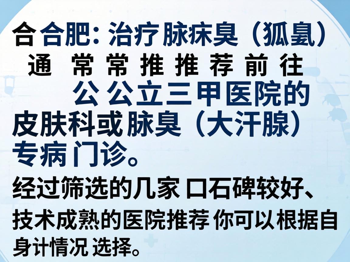 在合肥,治疗腋臭(狐臭)通常推荐前往公立三甲医院的皮肤科或腋臭(大汗腺)专病门诊。以下是经过筛选的几家口碑较好、技术成熟的医院推荐,你可以根据自身情况选择 在合肥,治疗腋臭(狐臭)通常推荐前往公立三甲医院的皮肤科或腋臭(大汗腺)专病门诊。以下是经过筛选的几家口碑较好、技术成熟的医院推荐,你可以根据自身情况选择