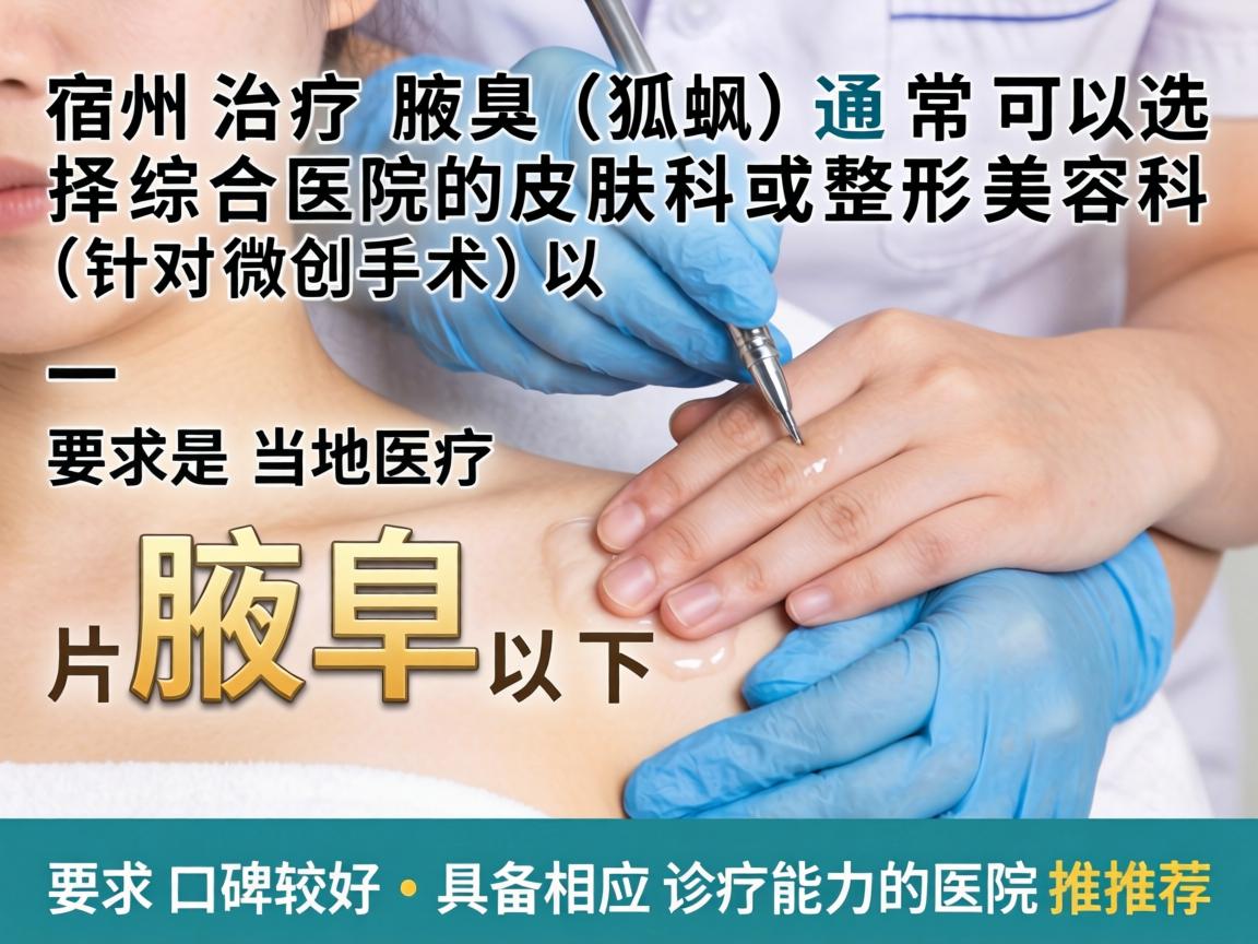 在宿州,治疗腋臭(狐臭)通常可以选择综合医院的皮肤科或整形美容科(针对微创手术)以下是一些当地口碑较好、具备相应诊疗能力的医院推荐 在宿州,治疗腋臭(狐臭)通常可以选择综合医院的皮肤科或整形美容科(针对微创手术)以下是一些当地口碑较好、具备相应诊疗能力的医院推荐