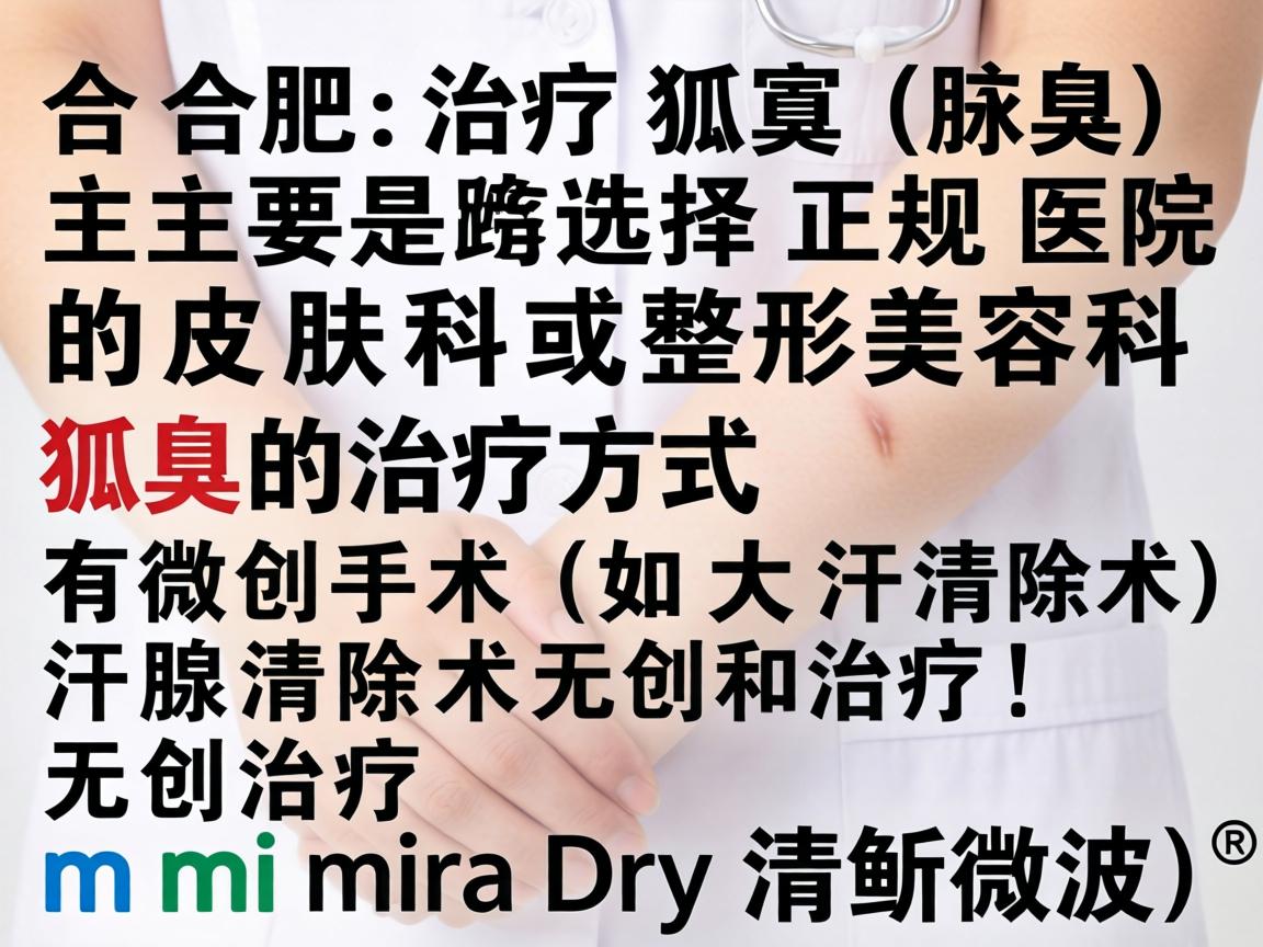 在合肥,治疗狐臭(腋臭)主要是选择正规医院的皮肤科或整形美容科。狐臭的治疗方式主要有微创手术(如大汗腺清除术)和无创治疗(如miraDry清新微波) 在合肥,治疗狐臭(腋臭)主要是选择正规医院的皮肤科或整形美容科。狐臭的治疗方式主要有微创手术(如大汗腺清除术)和无创治疗(如miraDry清新微波)