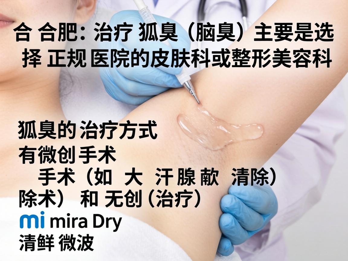 在合肥,治疗狐臭(腋臭)主要是选择正规医院的皮肤科或整形美容科。狐臭的治疗方式主要有微创手术(如大汗腺清除术)和无创治疗(如miraDry清新微波) 在合肥,治疗狐臭(腋臭)主要是选择正规医院的皮肤科或整形美容科。狐臭的治疗方式主要有微创手术(如大汗腺清除术)和无创治疗(如miraDry清新微波)
