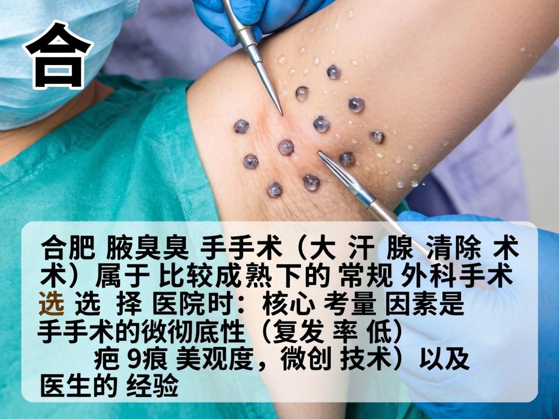 在合肥,腋臭手术(大汗腺清除术)属于比较成熟的常规外科手术。选择医院时,核心考量因素是手术的彻底性(复发率低)疤痕美观度(微创技术)以及医生的经验 在合肥,腋臭手术(大汗腺清除术)属于比较成熟的常规外科手术。选择医院时,核心考量因素是手术的彻底性(复发率低)疤痕美观度(微创技术)以及医生的经验