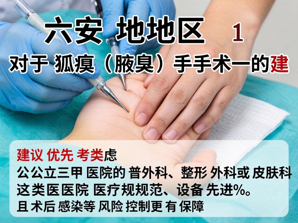 在六安地区,对于狐臭(腋臭)手术,建议优先考虑公立三甲医院的普外科、整形外科或皮肤科。这类医院医疗规范、设备先进,且术后感染等风险控制更有保障 在六安地区,对于狐臭(腋臭)手术,建议优先考虑公立三甲医院的普外科、整形外科或皮肤科。这类医院医疗规范、设备先进,且术后感染等风险控制更有保障
