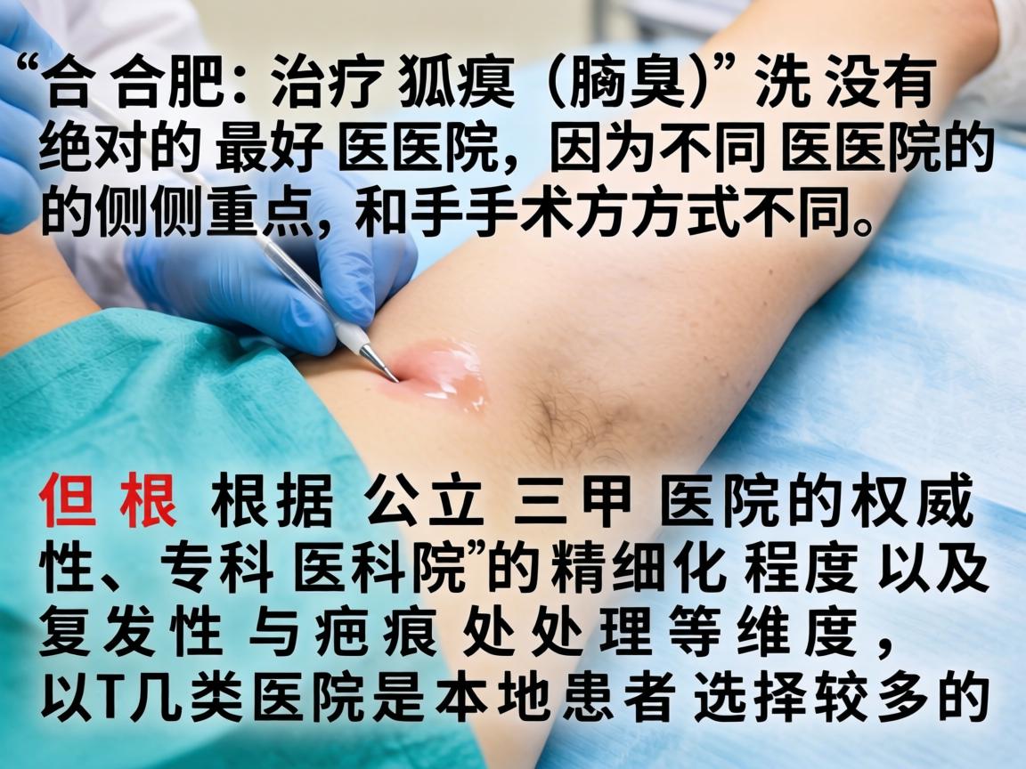 在合肥,治疗狐臭(腋臭)并没有绝对的最好医院,因为不同医院的侧重点和手术方式不同。但根据公立三甲医院的权威性、专科医院的精细化程度以及复发性与疤痕处理等维度,以下几类医院是本地患者选择较多的 在合肥,治疗狐臭(腋臭)并没有绝对的最好医院,因为不同医院的侧重点和手术方式不同。但根据公立三甲医院的权威性、专科医院的精细化程度以及复发性与疤痕处理等维度,以下几类医院是本地患者选择较多的
