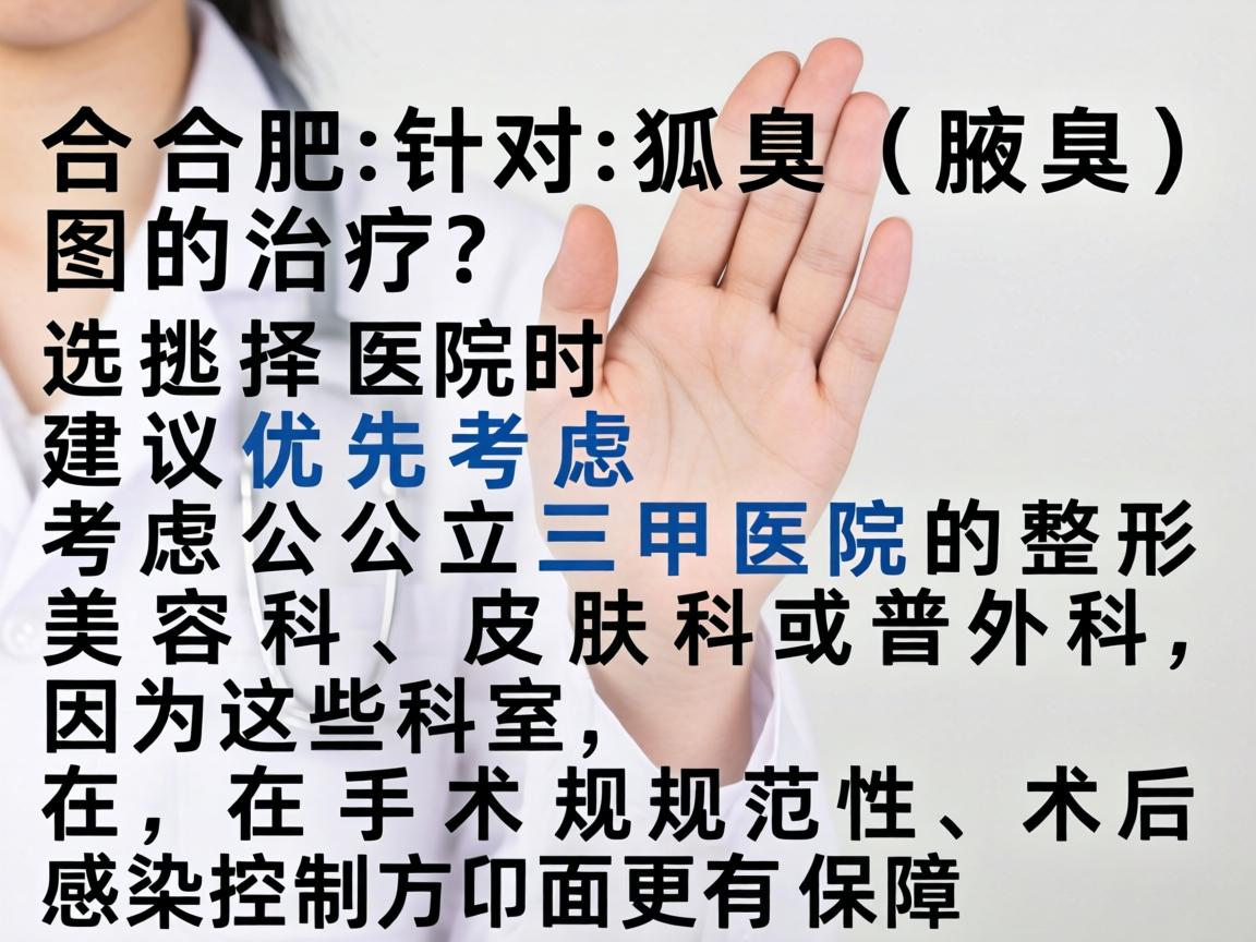 在合肥,针对狐臭(腋臭)的治疗,选择医院时建议优先考虑公立三甲医院的整形美容科、皮肤科或普外科,因为这些科室在手术规范性和术后感染控制方面更有保障 在合肥,针对狐臭(腋臭)的治疗,选择医院时建议优先考虑公立三甲医院的整形美容科、皮肤科或普外科,因为这些科室在手术规范性和术后感染控制方面更有保障