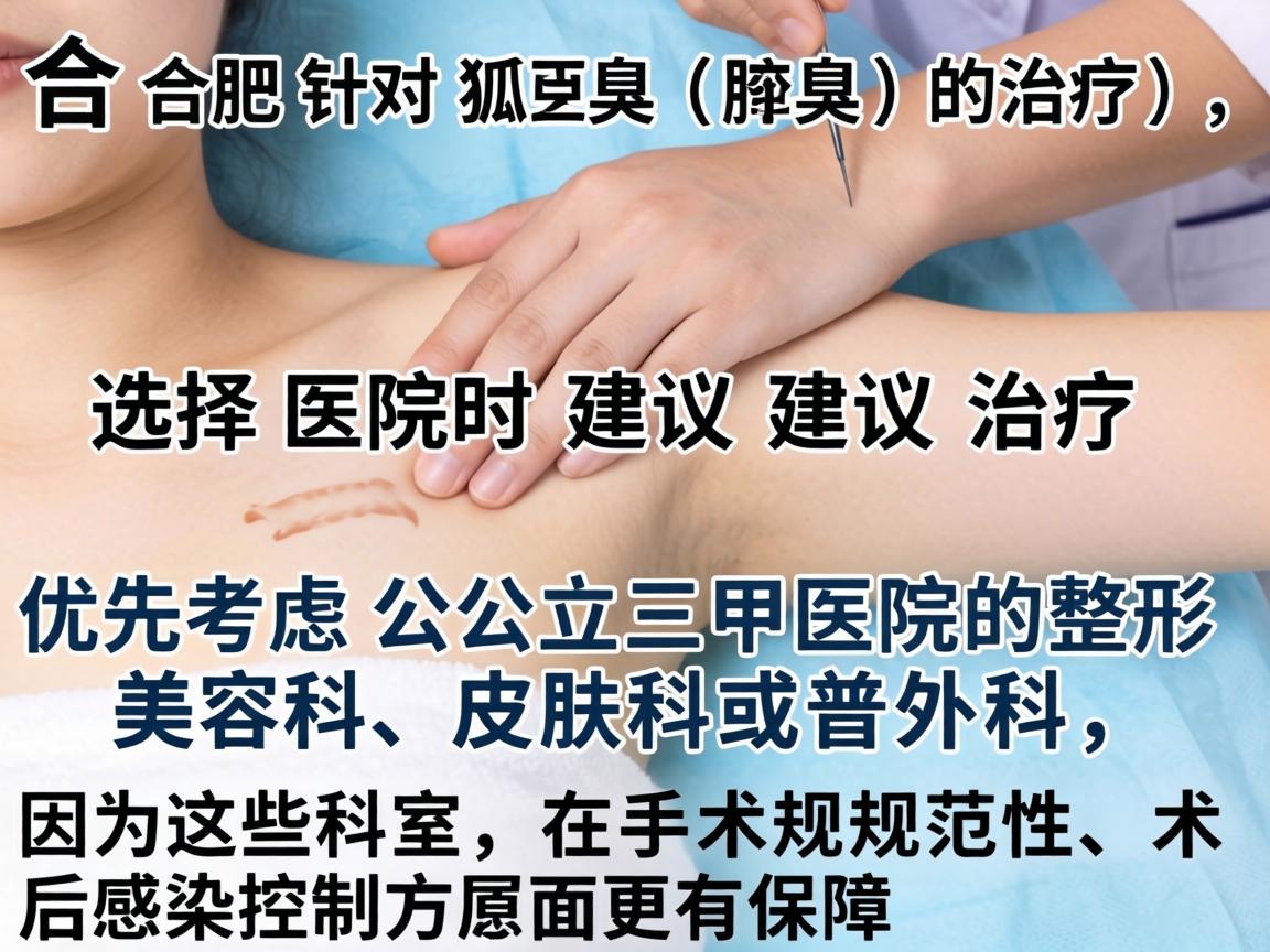 在合肥,针对狐臭(腋臭)的治疗,选择医院时建议优先考虑公立三甲医院的整形美容科、皮肤科或普外科,因为这些科室在手术规范性和术后感染控制方面更有保障 在合肥,针对狐臭(腋臭)的治疗,选择医院时建议优先考虑公立三甲医院的整形美容科、皮肤科或普外科,因为这些科室在手术规范性和术后感染控制方面更有保障