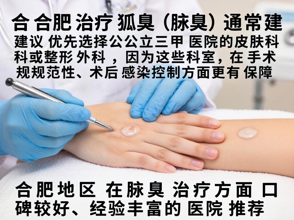 在合肥,治疗狐臭(腋臭)通常建议优先选择公立三甲医院的皮肤科或整形外科,因为这些科室在手术规范性和术后感染控制方面更有保障。以下是合肥地区在腋臭治疗方面口碑较好、经验丰富的医院推荐 在合肥,治疗狐臭(腋臭)通常建议优先选择公立三甲医院的皮肤科或整形外科,因为这些科室在手术规范性和术后感染控制方面更有保障。以下是合肥地区在腋臭治疗方面口碑较好、经验丰富的医院推荐