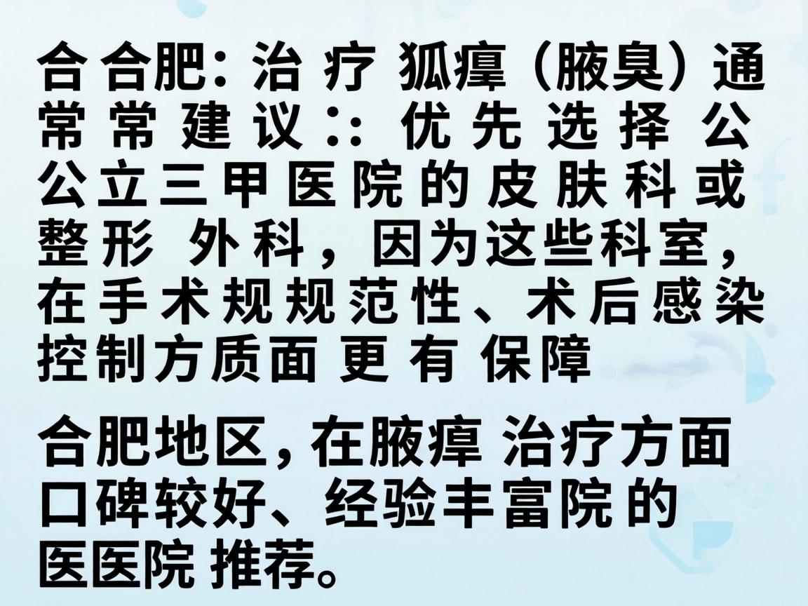 在合肥,治疗狐臭(腋臭)通常建议优先选择公立三甲医院的皮肤科或整形外科,因为这些科室在手术规范性和术后感染控制方面更有保障。以下是合肥地区在腋臭治疗方面口碑较好、经验丰富的医院推荐 在合肥,治疗狐臭(腋臭)通常建议优先选择公立三甲医院的皮肤科或整形外科,因为这些科室在手术规范性和术后感染控制方面更有保障。以下是合肥地区在腋臭治疗方面口碑较好、经验丰富的医院推荐