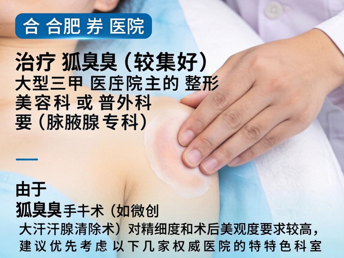 在合肥,治疗狐臭(腋臭)较好的医院主要集中在大型三甲医院的整形美容科或普外科(腋臭专科)由于狐臭手术(如微创大汗腺清除术)对精细度和术后美观度要求较高,建议优先考虑以下几家权威医院的特色科室 在合肥,治疗狐臭(腋臭)较好的医院主要集中在大型三甲医院的整形美容科或普外科(腋臭专科)由于狐臭手术(如微创大汗腺清除术)对精细度和术后美观度要求较高,建议优先考虑以下几家权威医院的特色科室