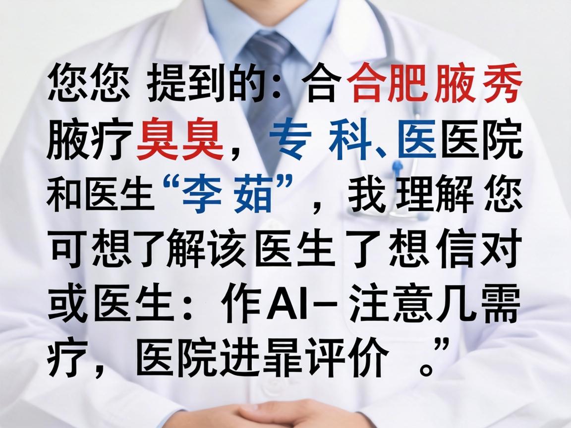 您提到的合肥腋秀腋臭专科医院和医生李茹,我理解您可能是想了解该医生的信息或对该医院进行评价。作为AI,我需要提醒您注意以下几点 您提到的合肥腋秀腋臭专科医院和医生李茹,我理解您可能是想了解该医生的信息或对该医院进行评价。作为AI,我需要提醒您注意以下几点