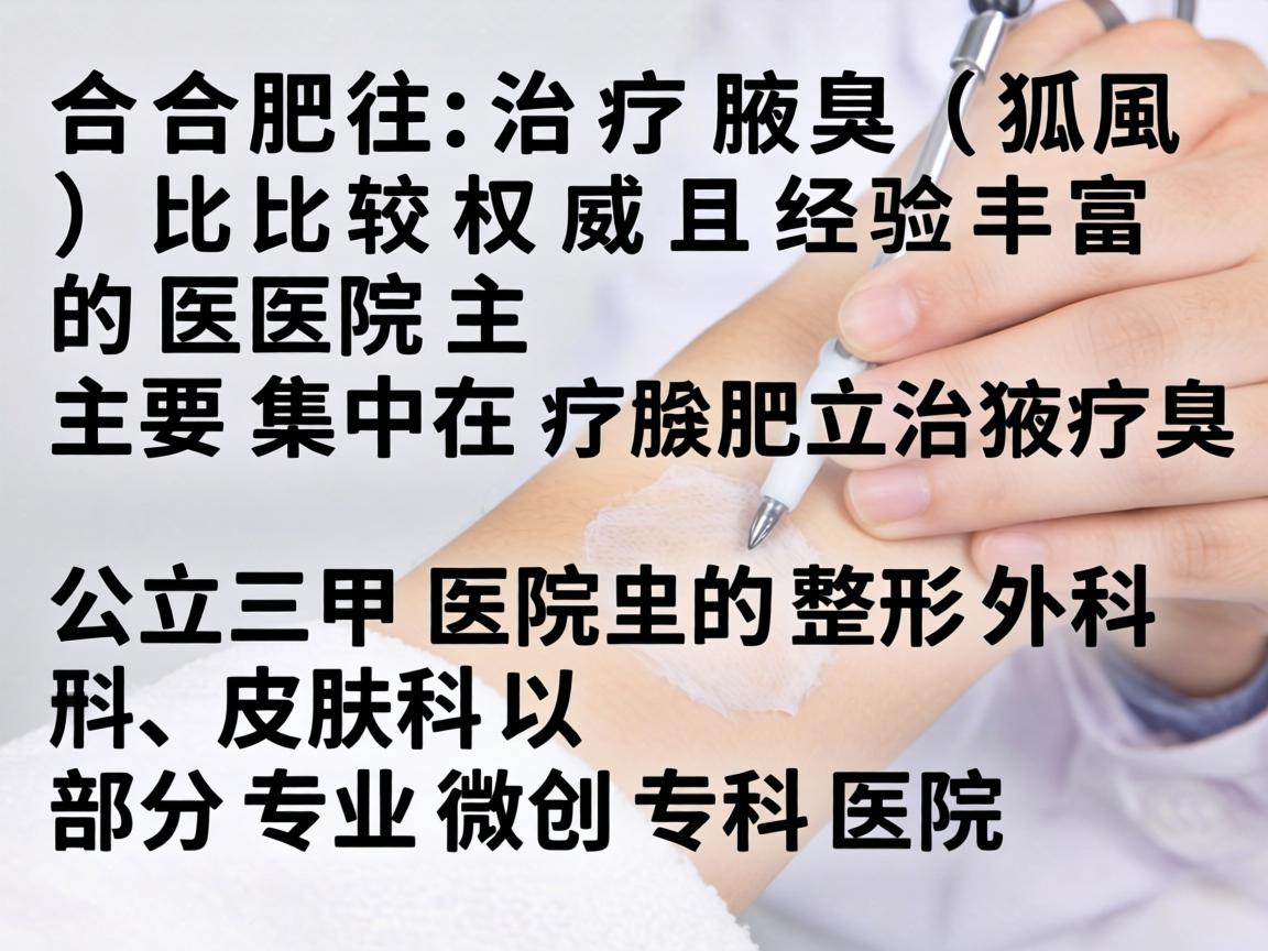 在合肥,治疗腋臭(狐臭)比较权威且经验丰富的医院主要集中在公立三甲医院的整形外科、皮肤科以及部分专业微创专科医院 在合肥,治疗腋臭(狐臭)比较权威且经验丰富的医院主要集中在公立三甲医院的整形外科、皮肤科以及部分专业微创专科医院