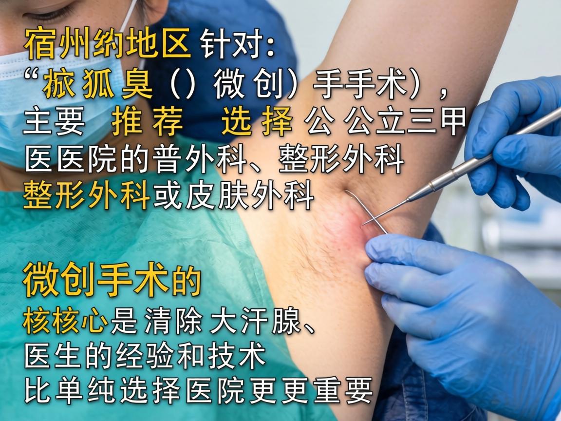 在宿州地区,针对狐臭(腋臭)微创手术,主要推荐选择公立三甲医院的普外科、整形外科或皮肤外科。微创手术的核心是清除大汗腺,医生的经验和技术比单纯选择医院更重要 在宿州地区,针对狐臭(腋臭)微创手术,主要推荐选择公立三甲医院的普外科、整形外科或皮肤外科。微创手术的核心是清除大汗腺,医生的经验和技术比单纯选择医院更重要