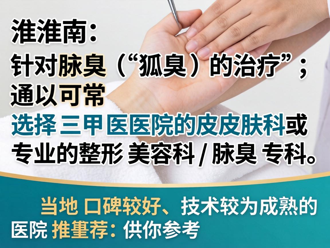 在淮南，针对腋臭（狐臭）的治疗，通常可以选择三甲医院的皮肤科或专业的整形美容科/腋臭专科。以下是当地口碑较好、技术较为成熟的医院推荐，供你参考