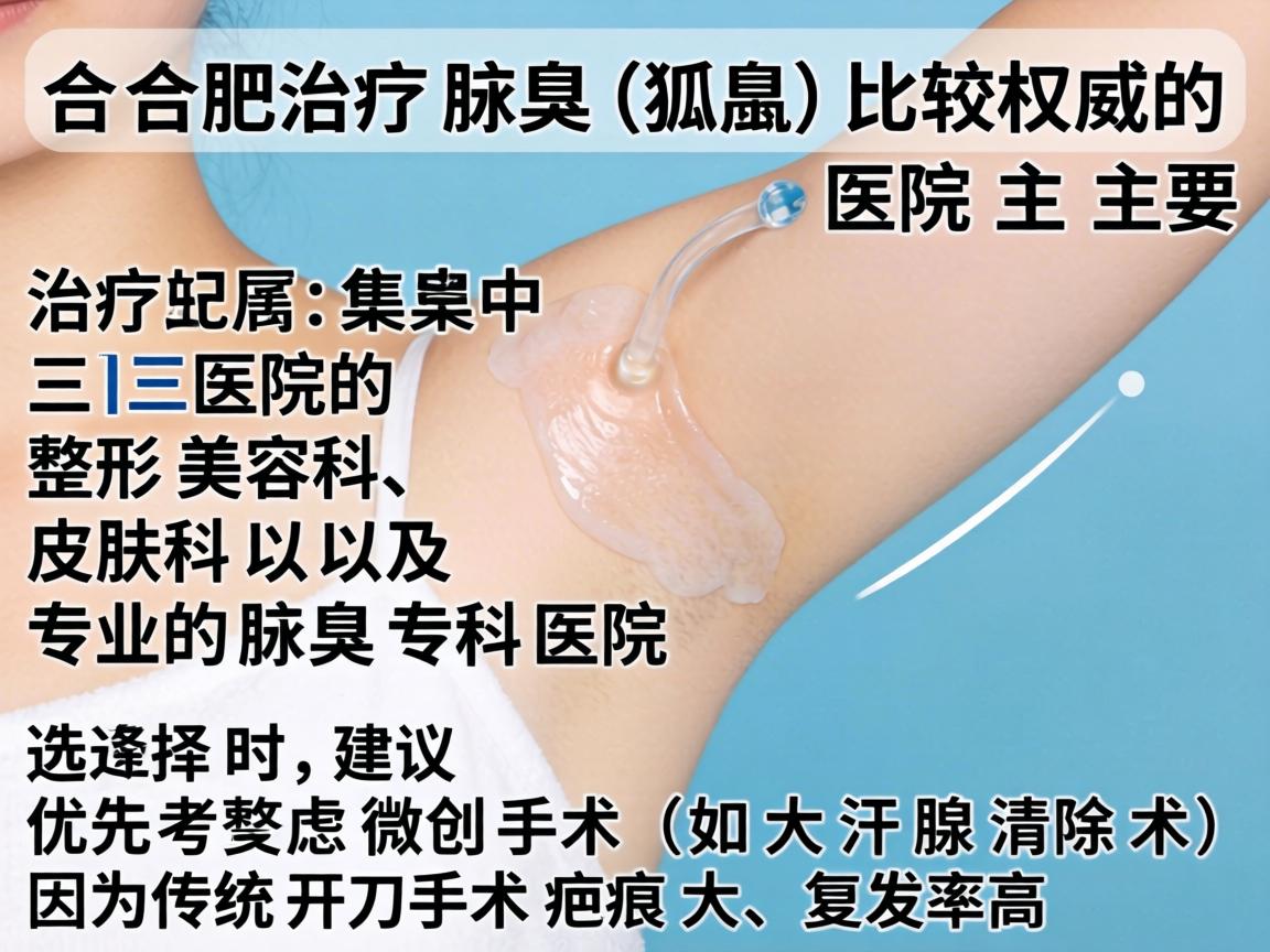 在合肥,治疗腋臭(狐臭)比较权威的医院主要集中在三甲医院的整形美容科、皮肤科以及专业的腋臭专科医院。选择时,建议优先考虑微创手术(如大汗腺清除术)因为传统开刀手术疤痕大、复发率高 在合肥,治疗腋臭(狐臭)比较权威的医院主要集中在三甲医院的整形美容科、皮肤科以及专业的腋臭专科医院。选择时,建议优先考虑微创手术(如大汗腺清除术)因为传统开刀手术疤痕大、复发率高