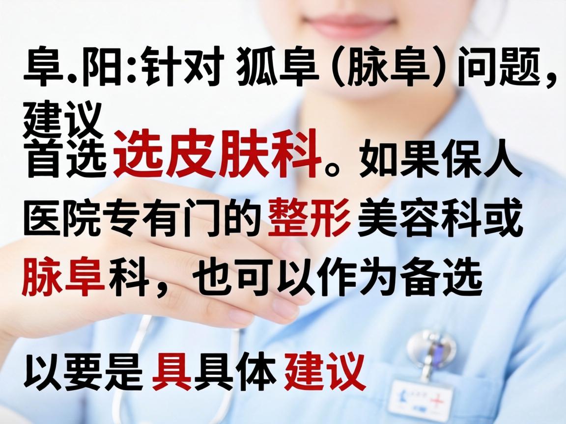 在阜阳,针对狐臭(腋臭)问题,建议首选皮肤科。如果医院有专门的整形美容科或腋臭专科,也可以作为备选。以下是具体建议 在阜阳,针对狐臭(腋臭)问题,建议首选皮肤科。如果医院有专门的整形美容科或腋臭专科,也可以作为备选。以下是具体建议