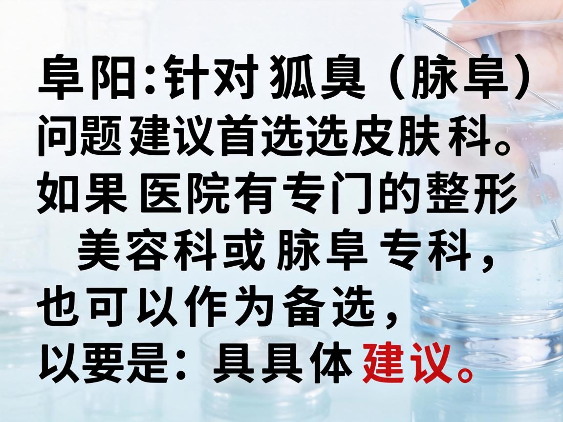 在阜阳,针对狐臭(腋臭)问题,建议首选皮肤科。如果医院有专门的整形美容科或腋臭专科,也可以作为备选。以下是具体建议 在阜阳,针对狐臭(腋臭)问题,建议首选皮肤科。如果医院有专门的整形美容科或腋臭专科,也可以作为备选。以下是具体建议